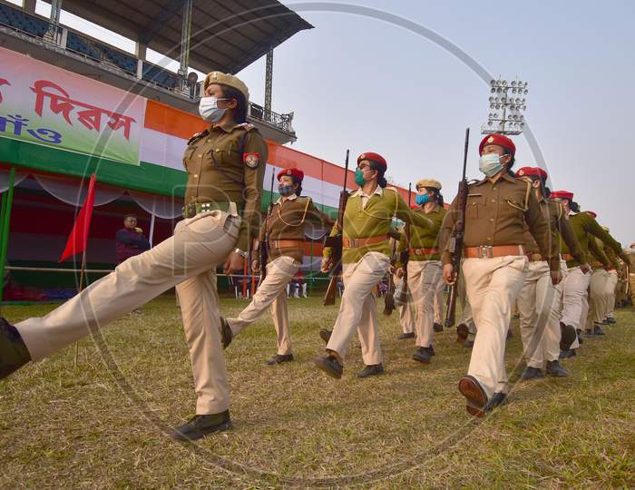 Assam Police women  during the full dress rehearsals for the Republic Day parade in Nagaon District of Assam , India on Jan 24,2021.