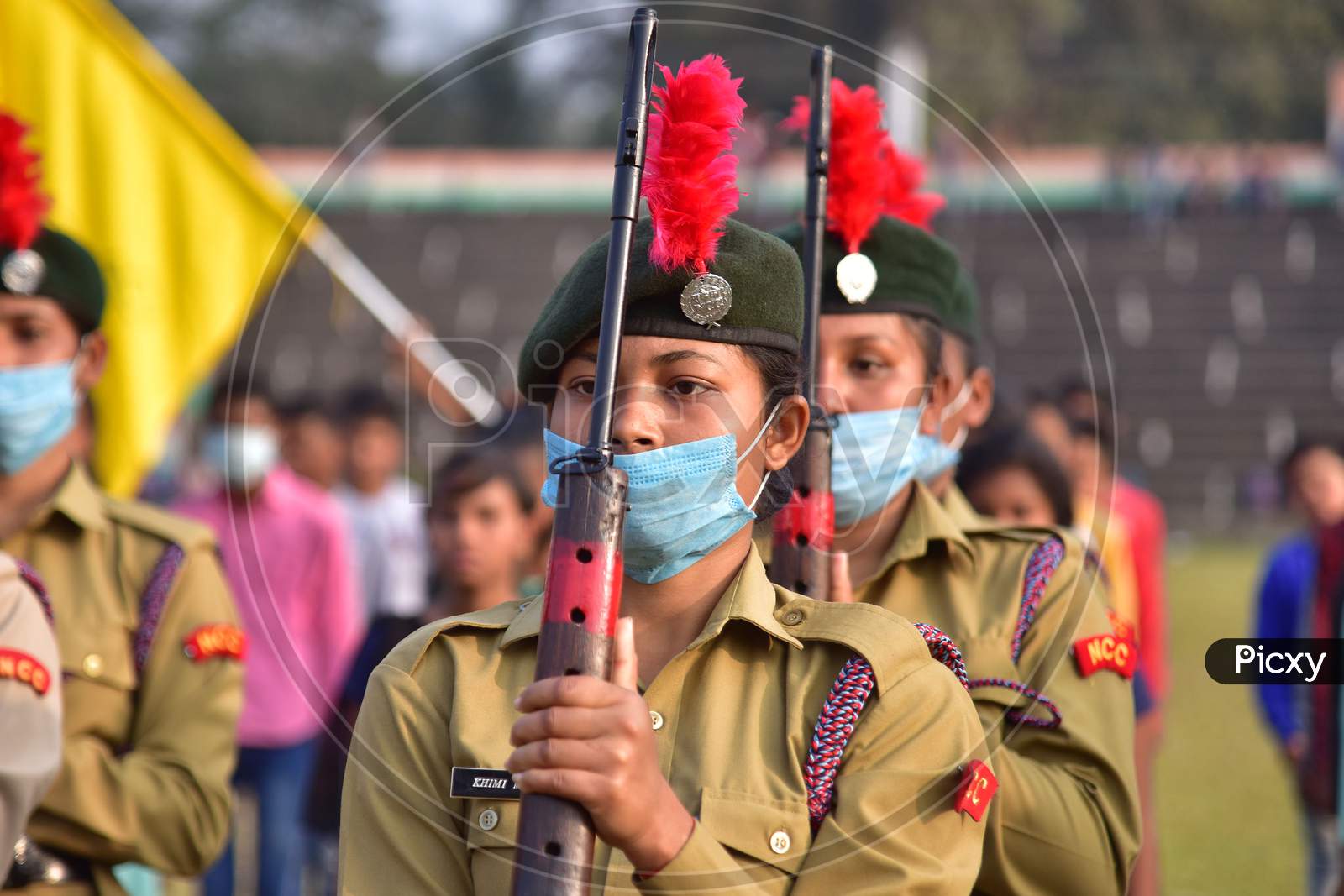 Cadet of the National Cadets Corp (NCC)  wearing mask during the full dress rehearsals for the Republic Day parade in Nagaon District of Assam on Jan 24,2021.