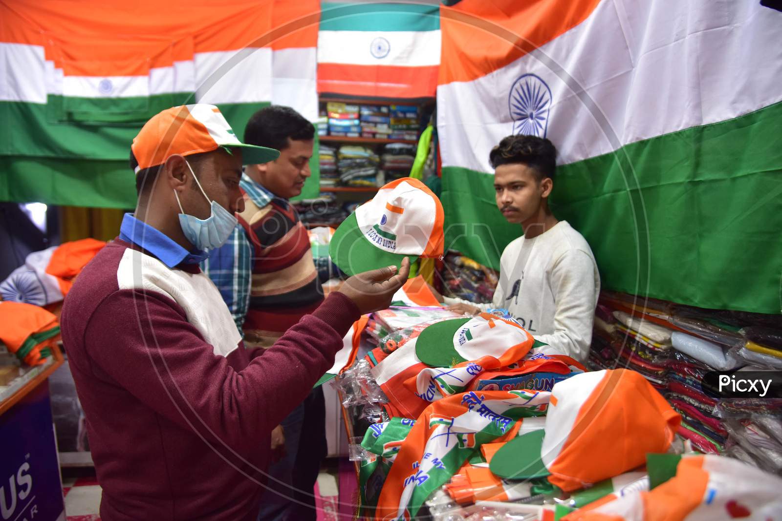 A Vendor selling Indian flag on the eve of Republic day celebration at a shop in Nagaon District of Assam on Jan 24,2021.