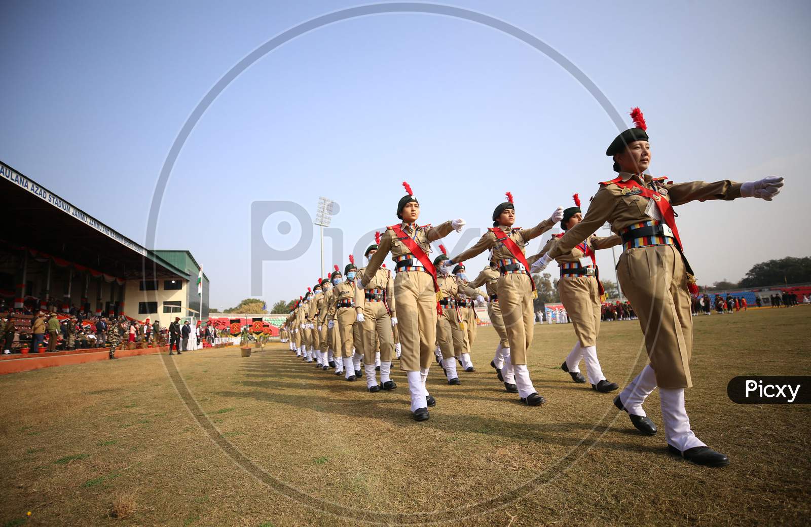 NCC contingent during the full dress rehearsals for the Republic Day parade at Molana Azad Stadium in Jammu on Sunday.24 Jan,2021.