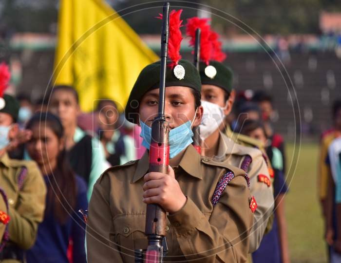 Cadet of the National Cadets Corp (NCC)  wearing mask during the full dress rehearsals for the Republic Day parade in Nagaon District of Assam on Jan 24,2021.