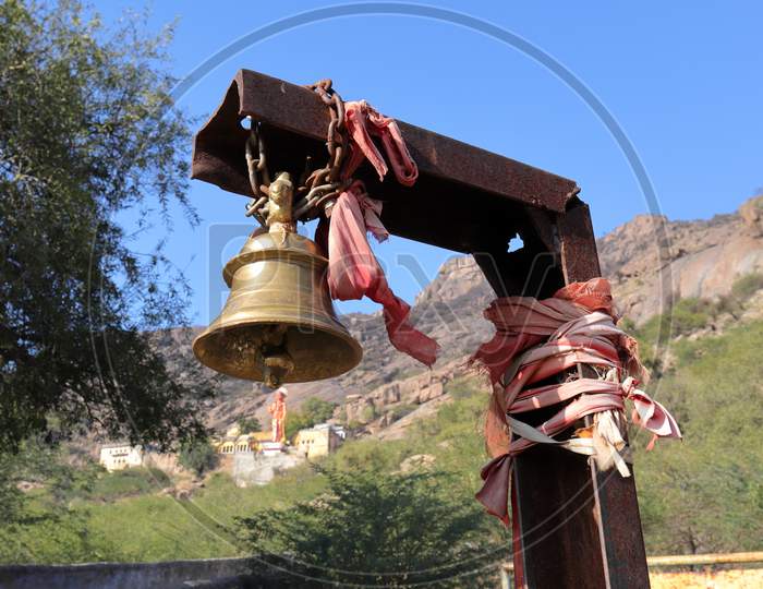 Brass Bell Hanging On A Iron Pole In Front Of A Temple|Haryana|India