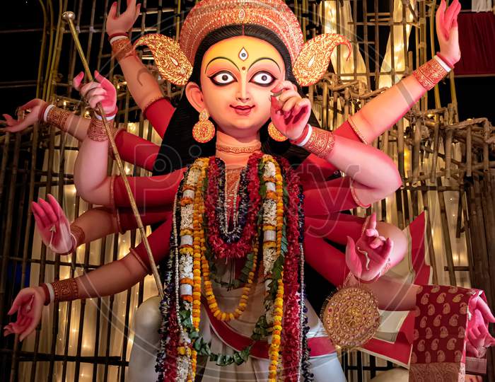 Goddess Durga Idol Decorated At Puja Pandal In Kolkata, West Bengal, India. Durga Puja Is Biggest Religious Festival Of Hinduism And Is Now Celebrated Worldwide.
