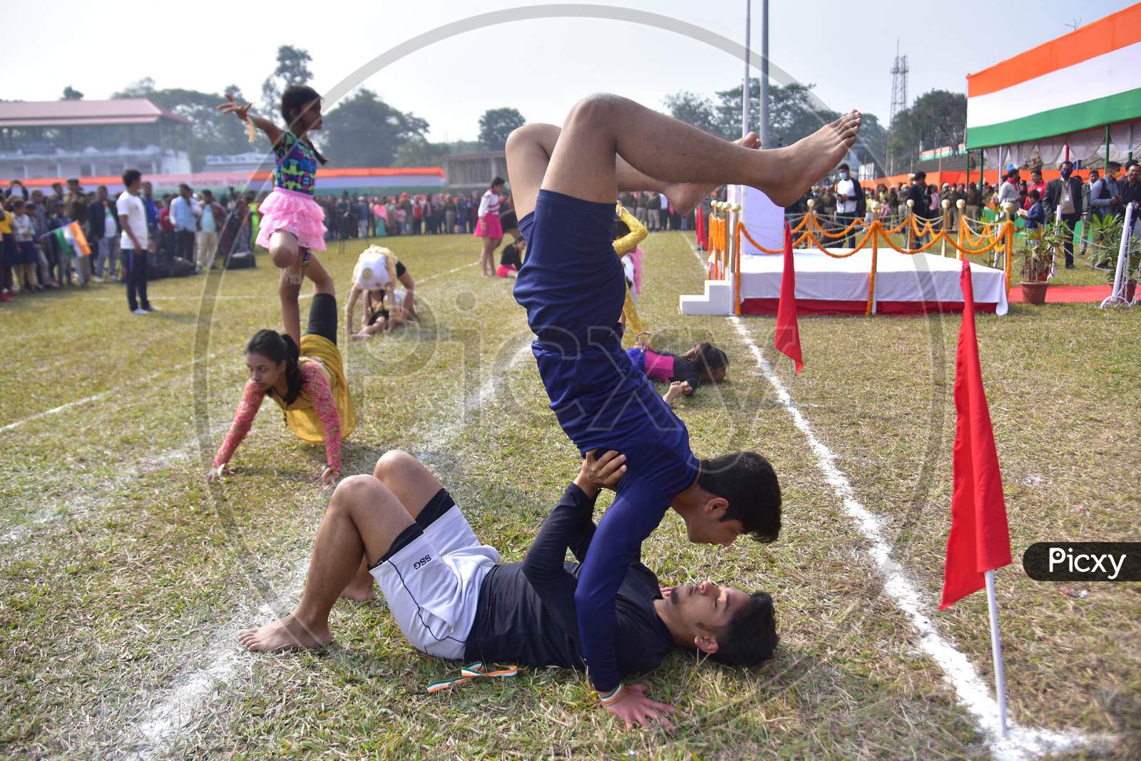 Artist perform Yogaon the occasion of 72nd Republic Day at Nurul Amin Stadium in Nagaon District of Assam on Jan 26,2021.