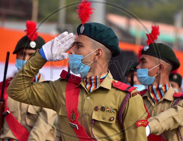 NCC cadet  participate in a parade on the occasion of 72nd Republic Day at Nurul Amin Stadium in Nagaon District of Assam   on Jan 26,2021.