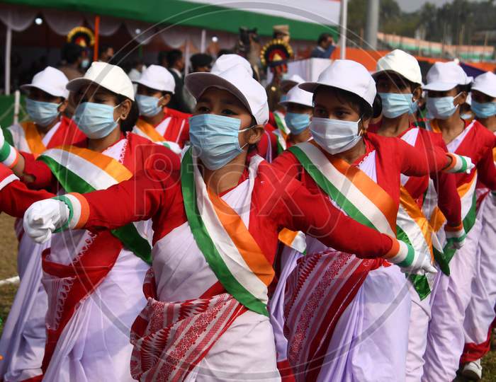 students participate in a parade on the occasion of 72nd Republic Day at Nurul Amin Stadium in Nagaon District of Assam  on Jan 26,2021.