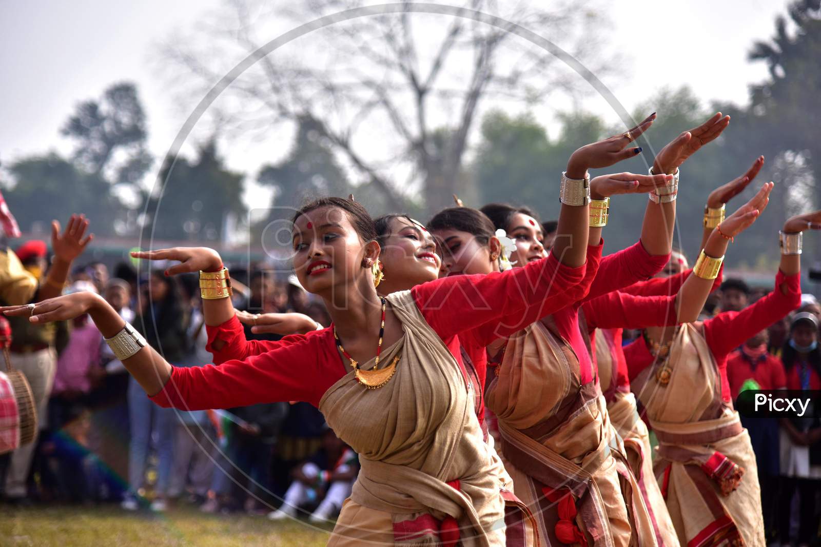 Girls perform traditional assamese Bihu dance on the occasion of the Republic Day at Nurul Amin Stadium in Nagaon District of Assam on Jan 26,2021.