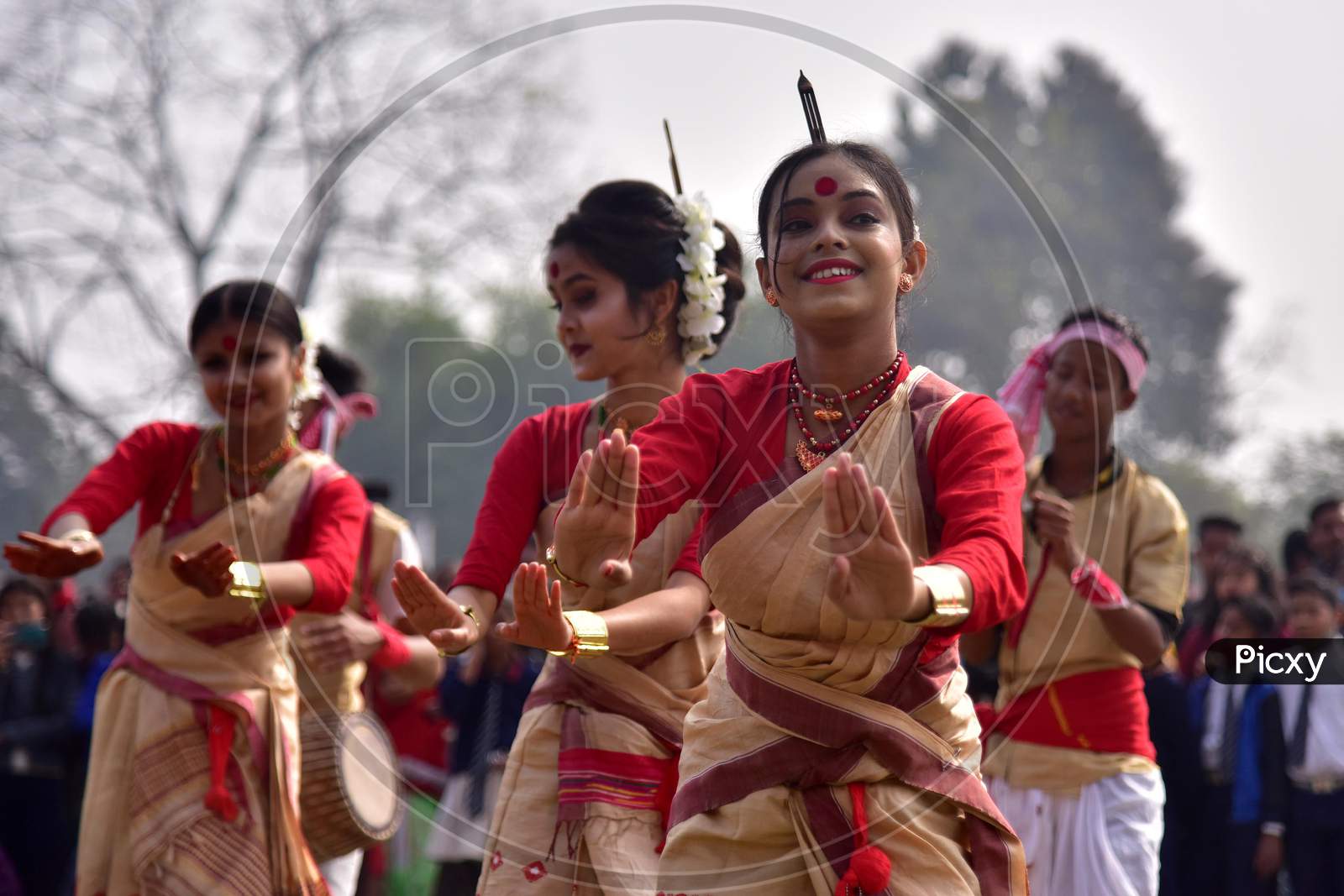 Image of Girls perform traditional assamese Bihu dance on the occasion ...