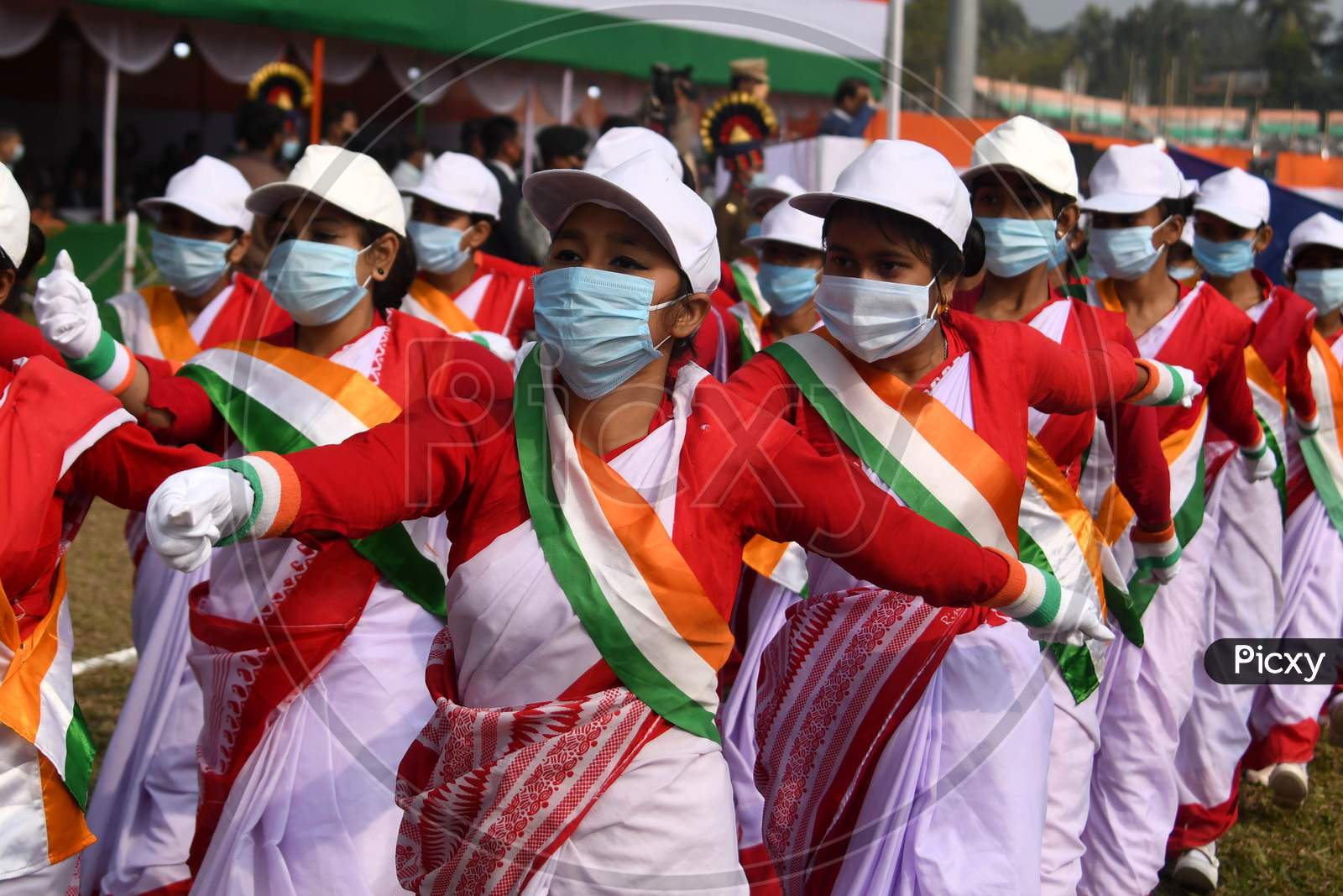 students participate in a parade on the occasion of 72nd Republic Day at Nurul Amin Stadium in Nagaon District of Assam  on Jan 26,2021.