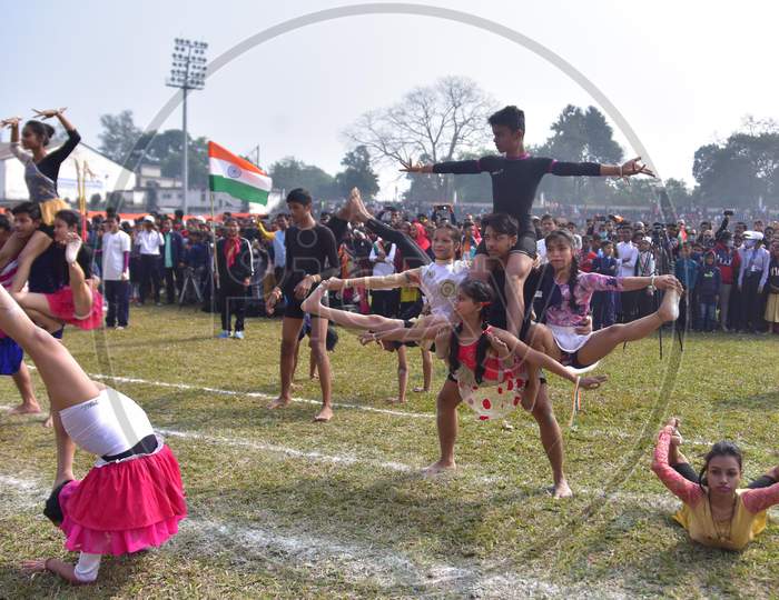 Artist perform Yogaon the occasion of 72nd Republic Day at Nurul Amin Stadium in Nagaon District of Assam on Jan 26,2021.