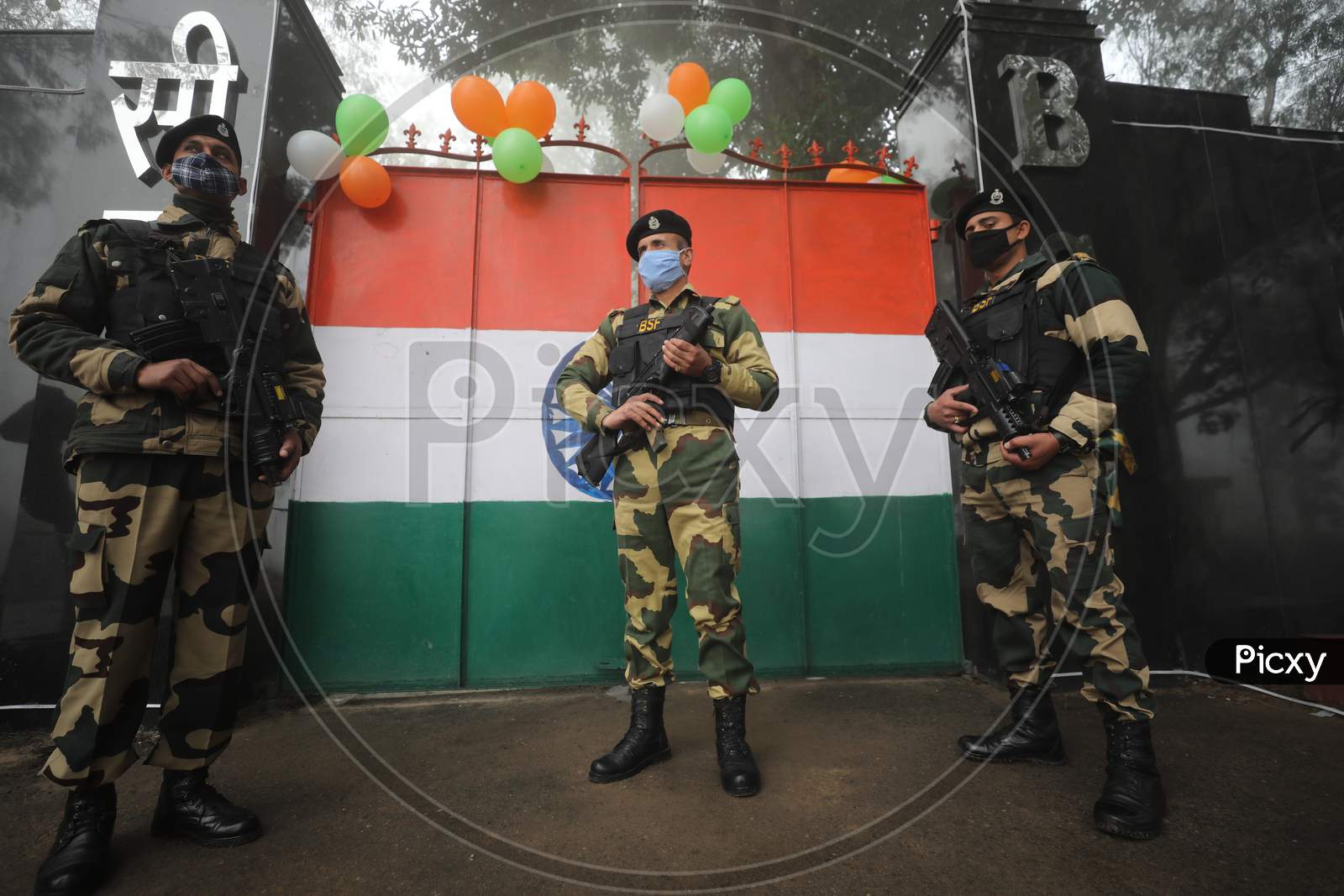 BSF Soldier stand guard at octroi post in Suchatgarh on the occession of Republic day celebration in Jammu ,26,JAN,2021.