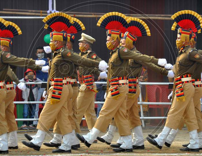 Assam police participate  in a parade on the occasion of the Republic Day at Veterinary ground in Guwahati on Jan 26,2021.