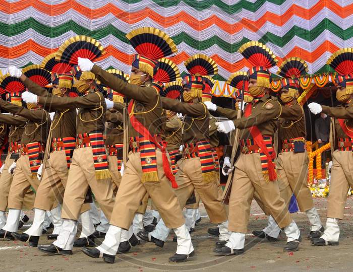 Assam police participate  in a parade on the occasion of the Republic Day at Veterinary ground in Guwahati on Jan 26,2021.