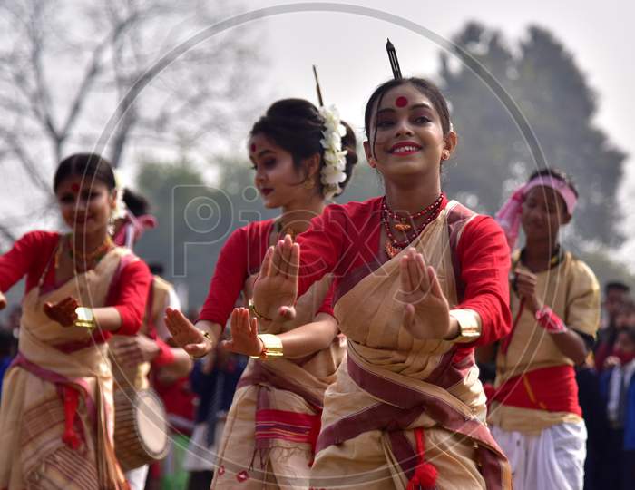 Girls perform traditional assamese Bihu dance on the occasion of the Republic Day at Nurul Amin Stadium in Nagaon District of Assam on Jan 26,2021.