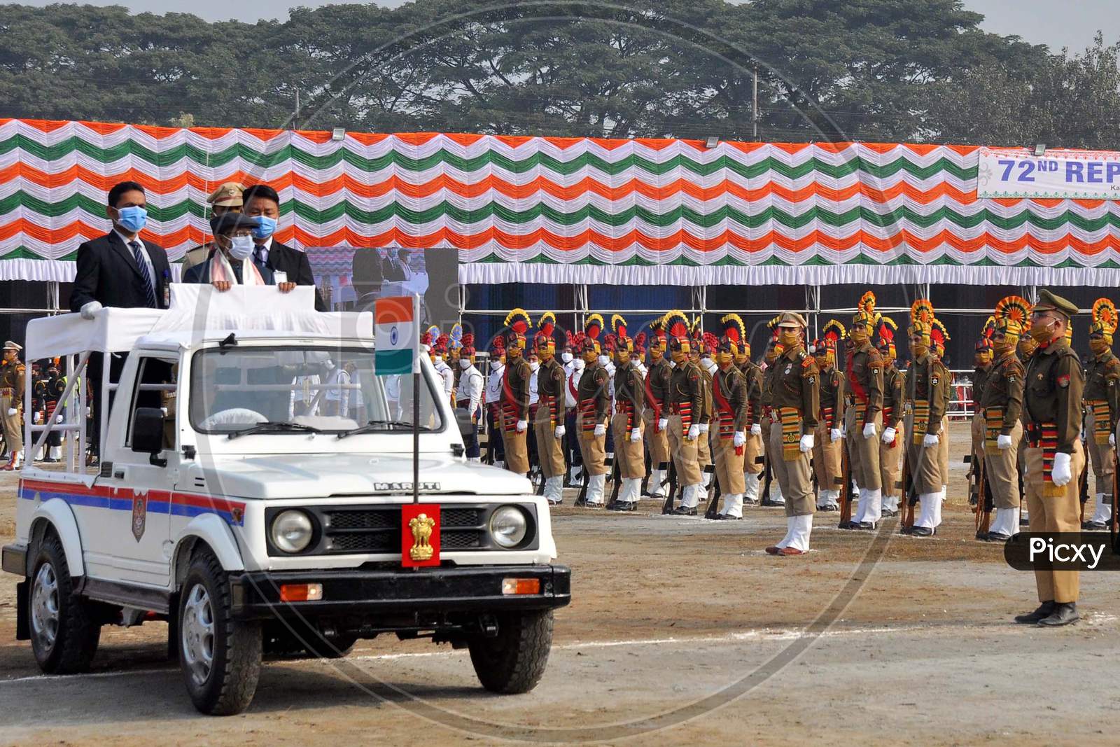 Governor of Assam Professor Jagdish  Mukhi inspects the guard of honour on the occasion of the Republic Day at Veterinary ground in Guwahati  on Jan 26,2021.