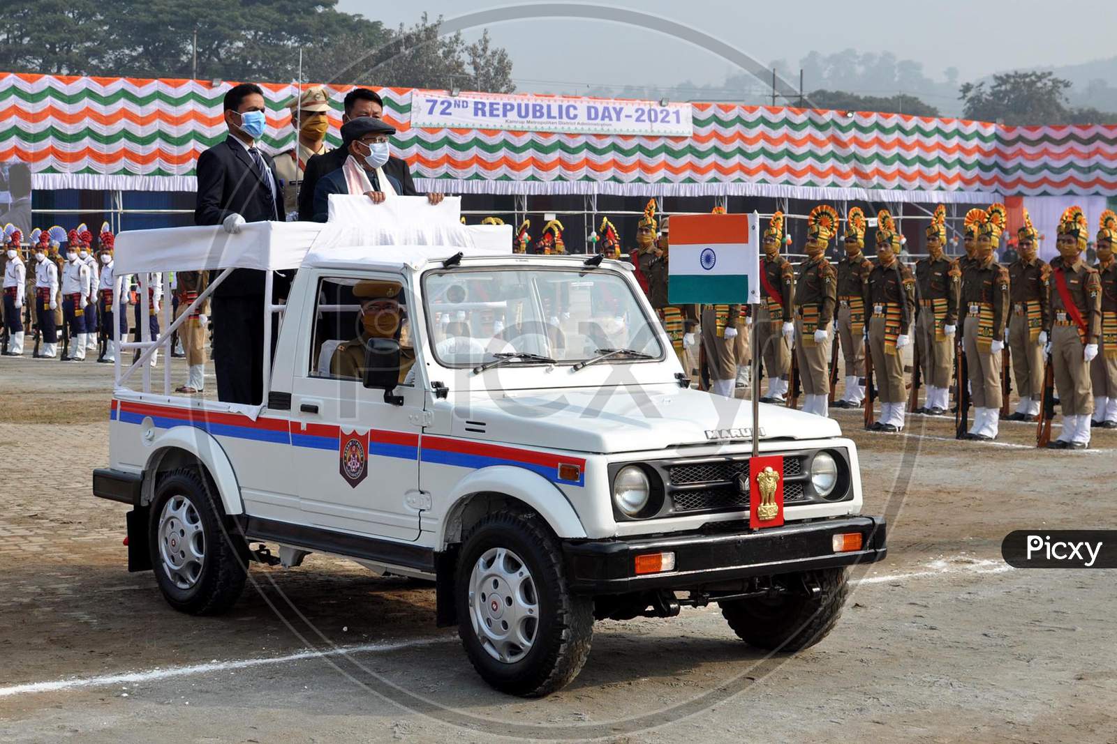 Governor of Assam Professor Jagdish  Mukhi inspects the guard of honour on the occasion of the Republic Day at Veterinary ground in Guwahati  on Jan 26,2021.