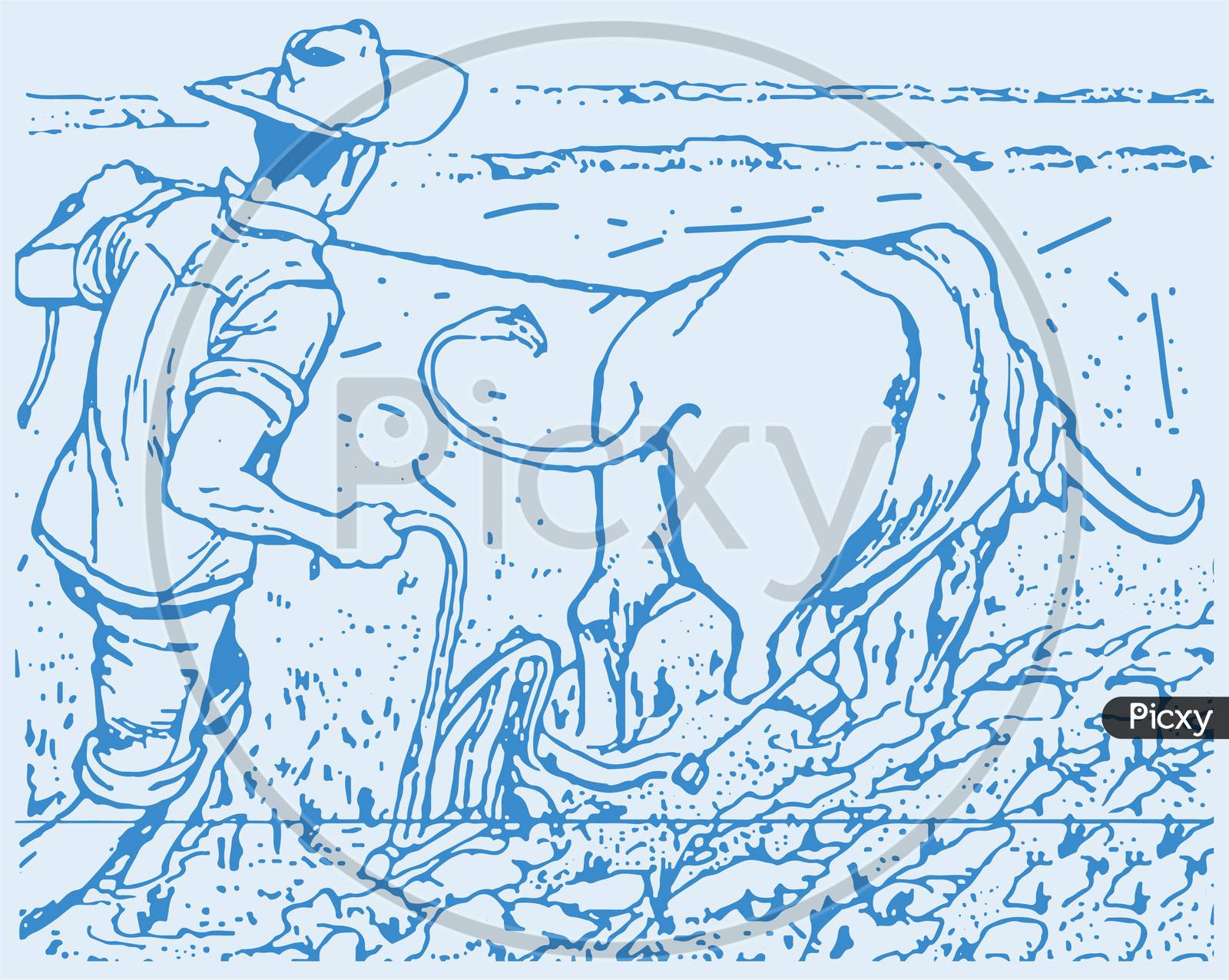 Image of Sketch Of Farmer Working With A Cow In A Agricultural Field And  Village Or Rural Environment Outline Editable IllustrationCF562094Picxy
