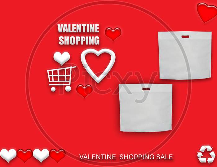 Valentine'S Gift Eco Bags. Happy Valentines Day Shopping Bags Sale Banner With Heart And Shopping Basket. Copy Space For Text.