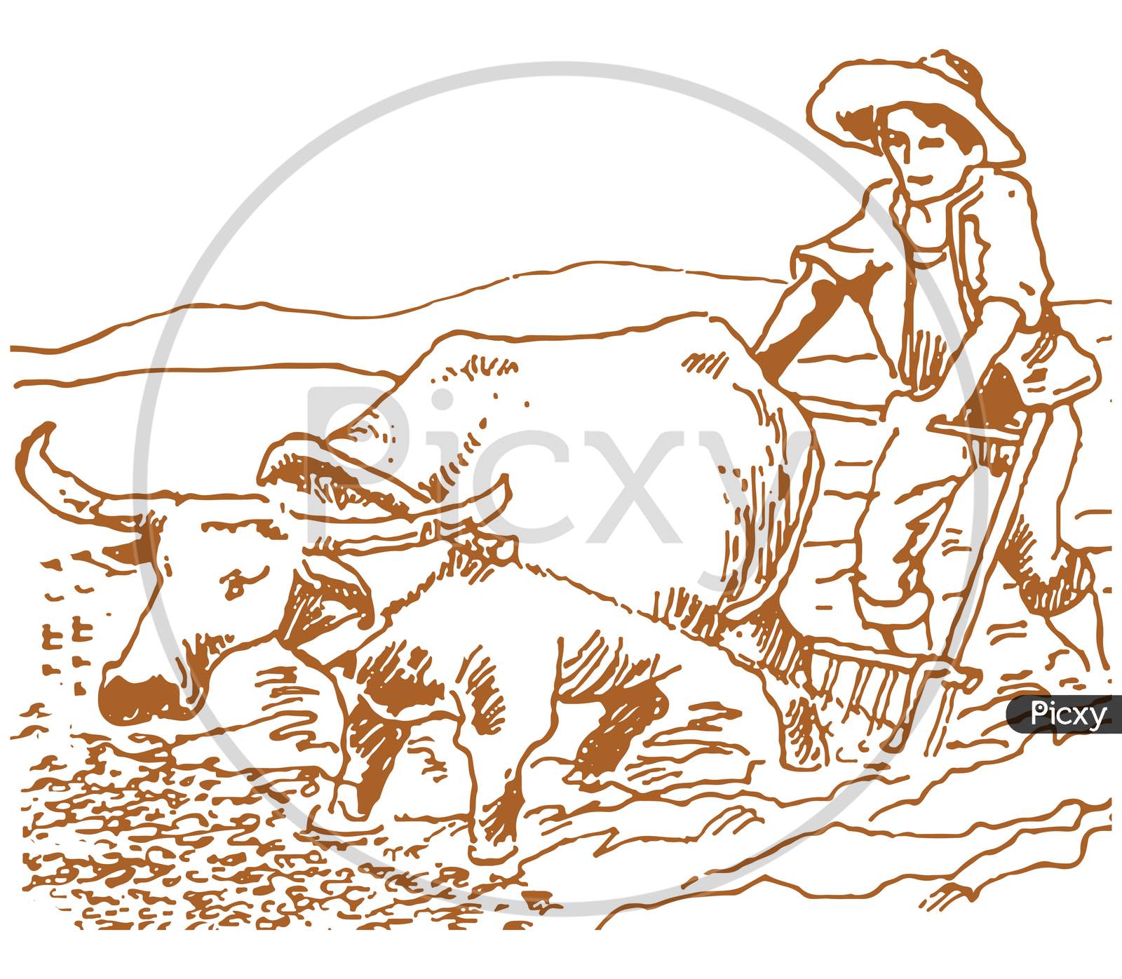 Sketch of Farmer Working with a Cow in a Agricultural Field and Village or  Rural Environment Outline Editable Illustration Stock Vector  Illustration  of farming asian 208688150
