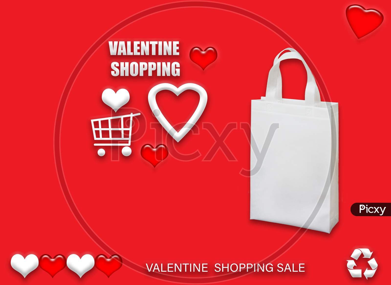Valentine'S Gift Eco Bags. Happy Valentines Day Shopping Bags Sale Banner With Heart And Shopping Basket. Copy Space For Text.