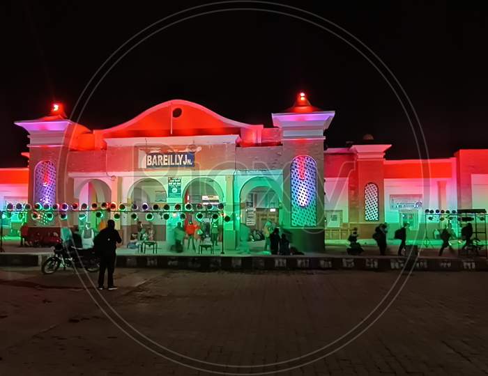Bareilly railway station illuminated with colorful lights on 26 January 2021