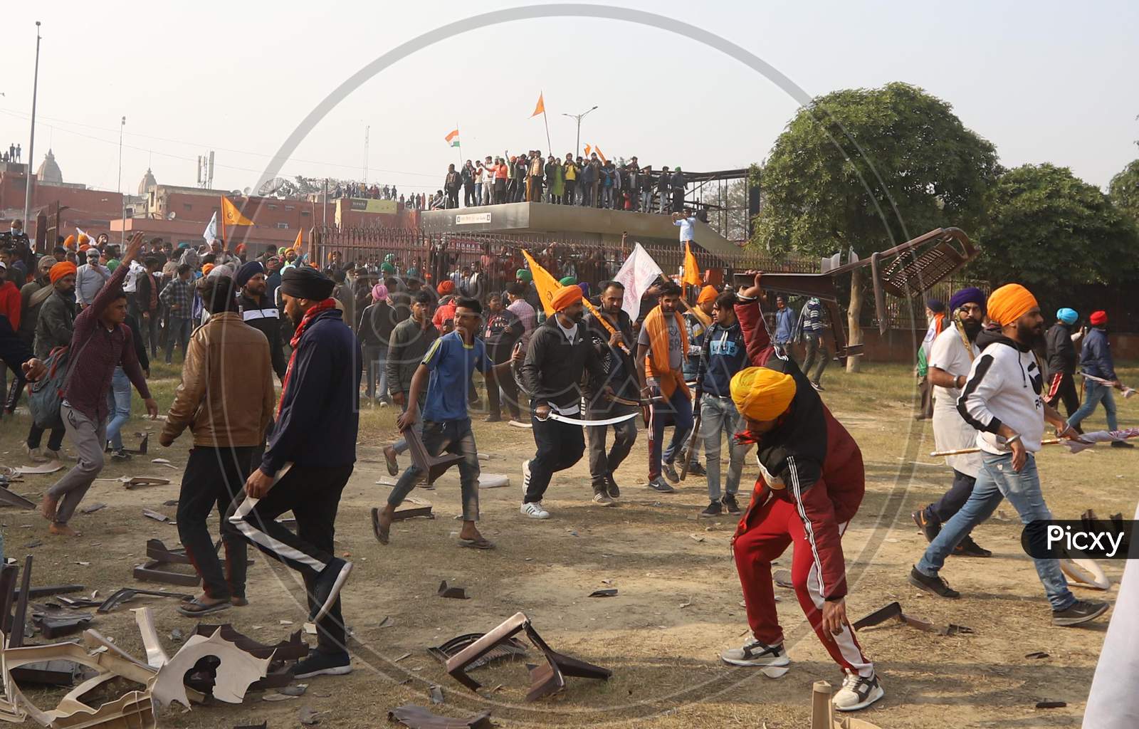 Farmers rally against agriculture reforms turned violent, after protesting farmers storm Delhi's historic Red Fort complex on January 26, 2021.