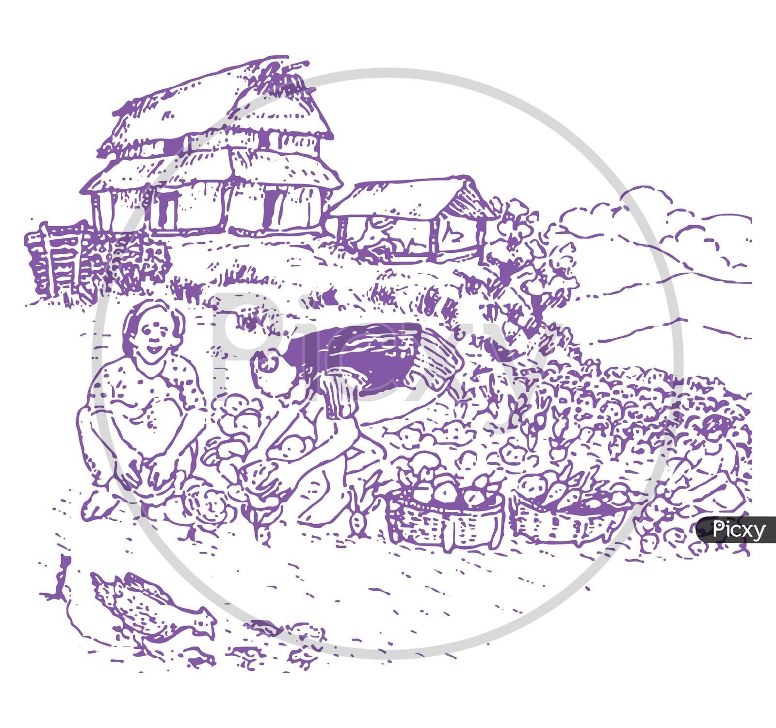 Sketch drawing in black and white design of village houses among the trees rural  life  CanStock
