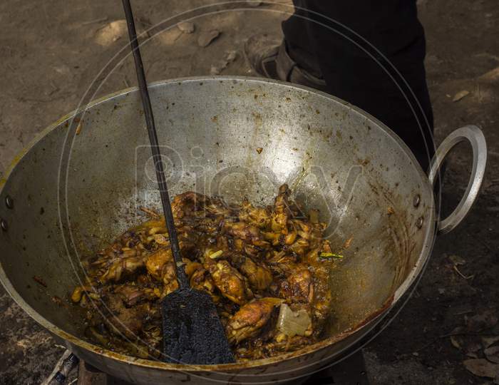 Cooking Chicken Preparation In A Big Kadai.