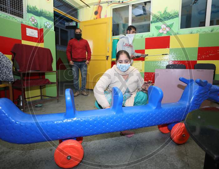 Preparations underway at a school in Jammu ahead of reopening of educational institutions next week after over 10 months closure due to Coronavirus pandemic. 28,Jan,2021.