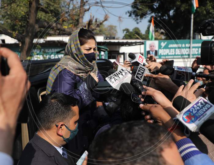 PDP president and former chief minister Mehbooba Mufti address to the media after arrives at party office in Jammu ,28,Jan,2021.