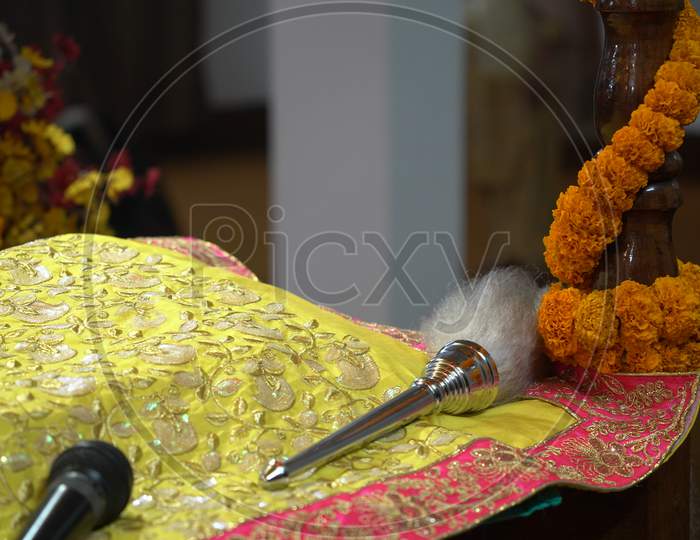 Chaur Sahib For Guru Granth Sahib. Sikh Religion Ritual Worship Chaur Sahib In Holy Gurudwara