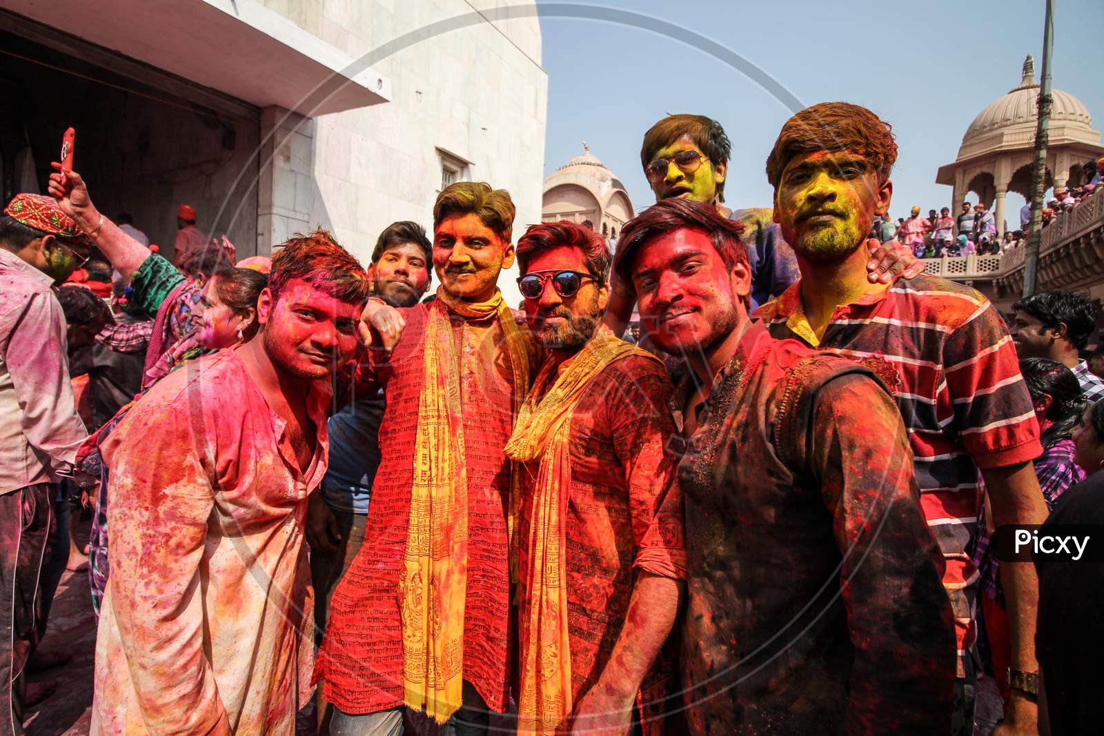 Mathura, Uttar Pradesh, India- January 28 2020:A Group Of Young Boys Playing And Enjoying The Festival Of Holi In The Holy State Of Mathura.Fully Covered In Colors. Enjoyment And Lifestyle Concept.