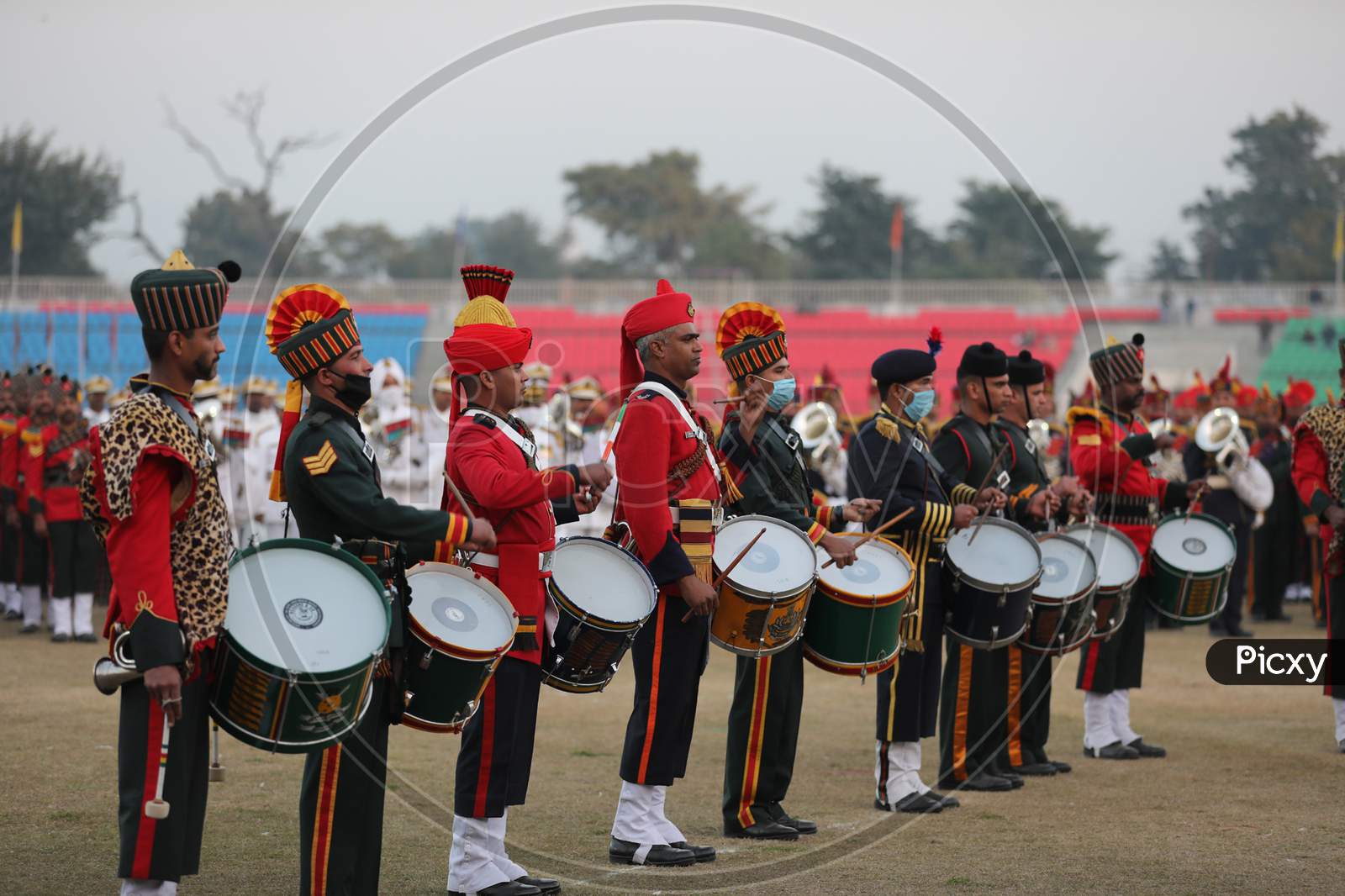 Members of an Indian armed forces band perform during Beating Retreat Ceremony at M A Stadium Jammu ,29,JAN,2021.