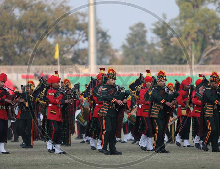 Members of an Indian armed forces band perform during Beating Retreat Ceremony at M A Stadium Jammu ,29,JAN,2021.