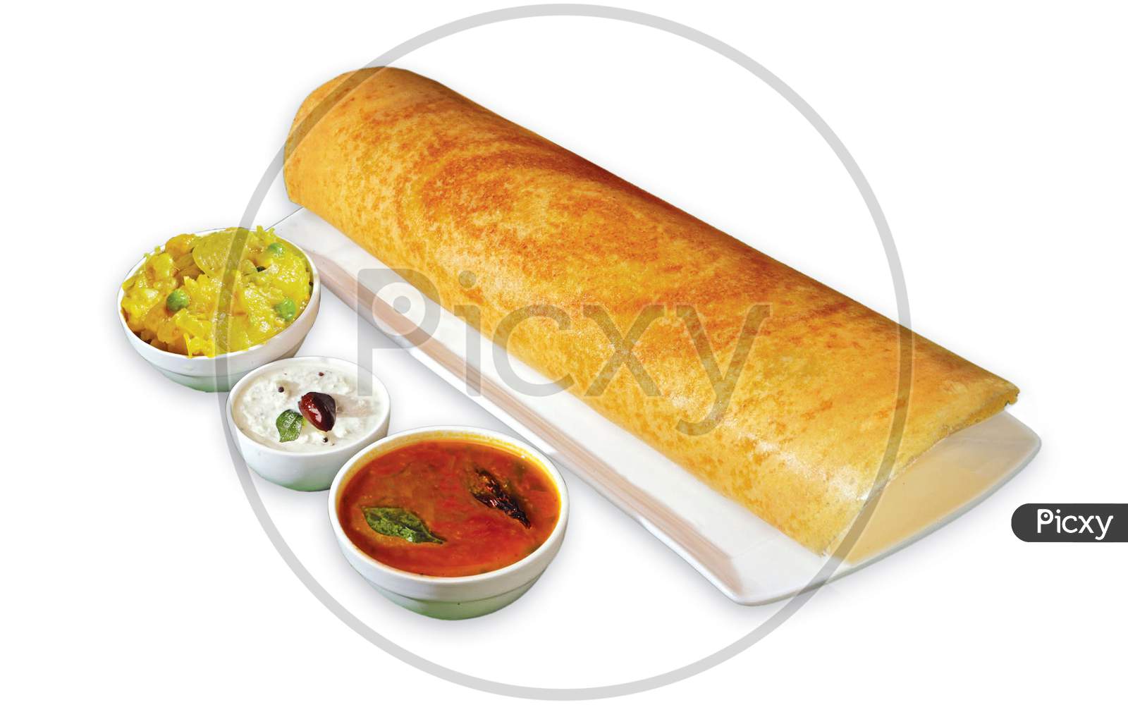South Indian Masala Dhosa Or Dosa Served With Sambhar, Coconut Chutney, Red Chutney And Green Chutney, South Indian Breakfast