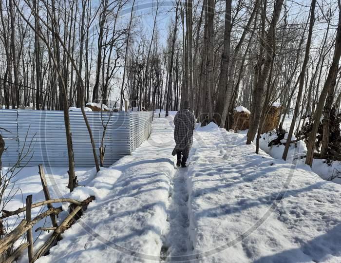 A man walking through snow covered road in Kashmir