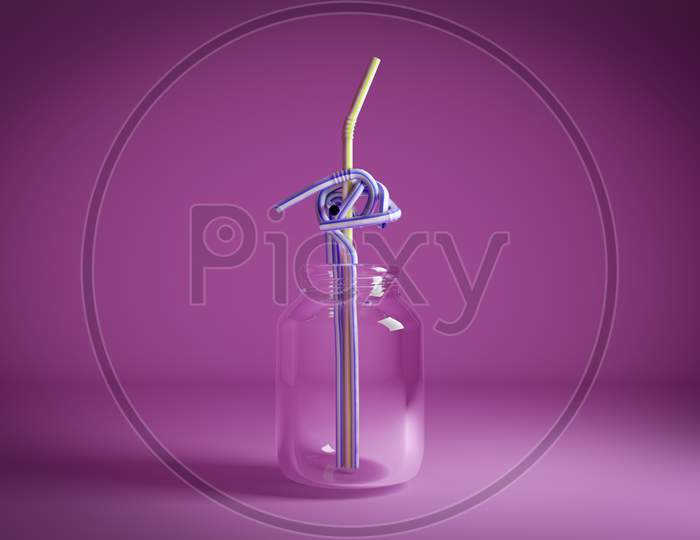 Chaos And Disorder In The Shape Of Straws In Glass Jar Turns Into A Yellow Straight Straw In Purple Background. Psychotherapy And Psychology Help Or Ways Of Problem Solving Concept. 3D Illustration