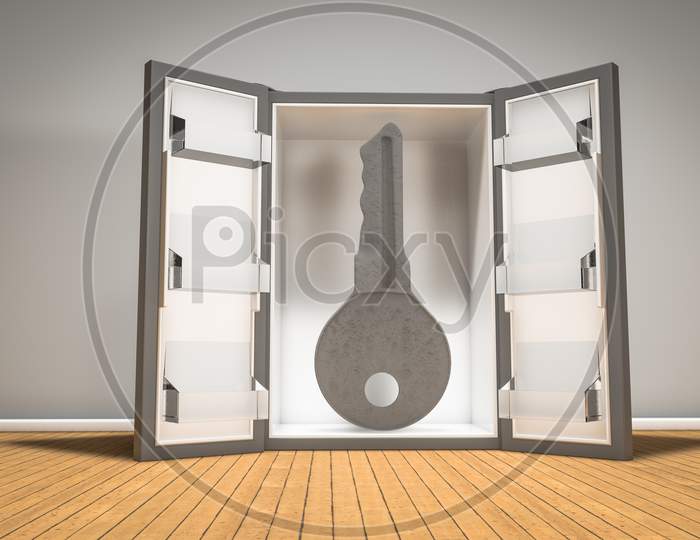 Metal Key In Fridge On Wooden Floor. Freeze Real Estate Or Slow Down Real Estate Concept. 3D Illustration