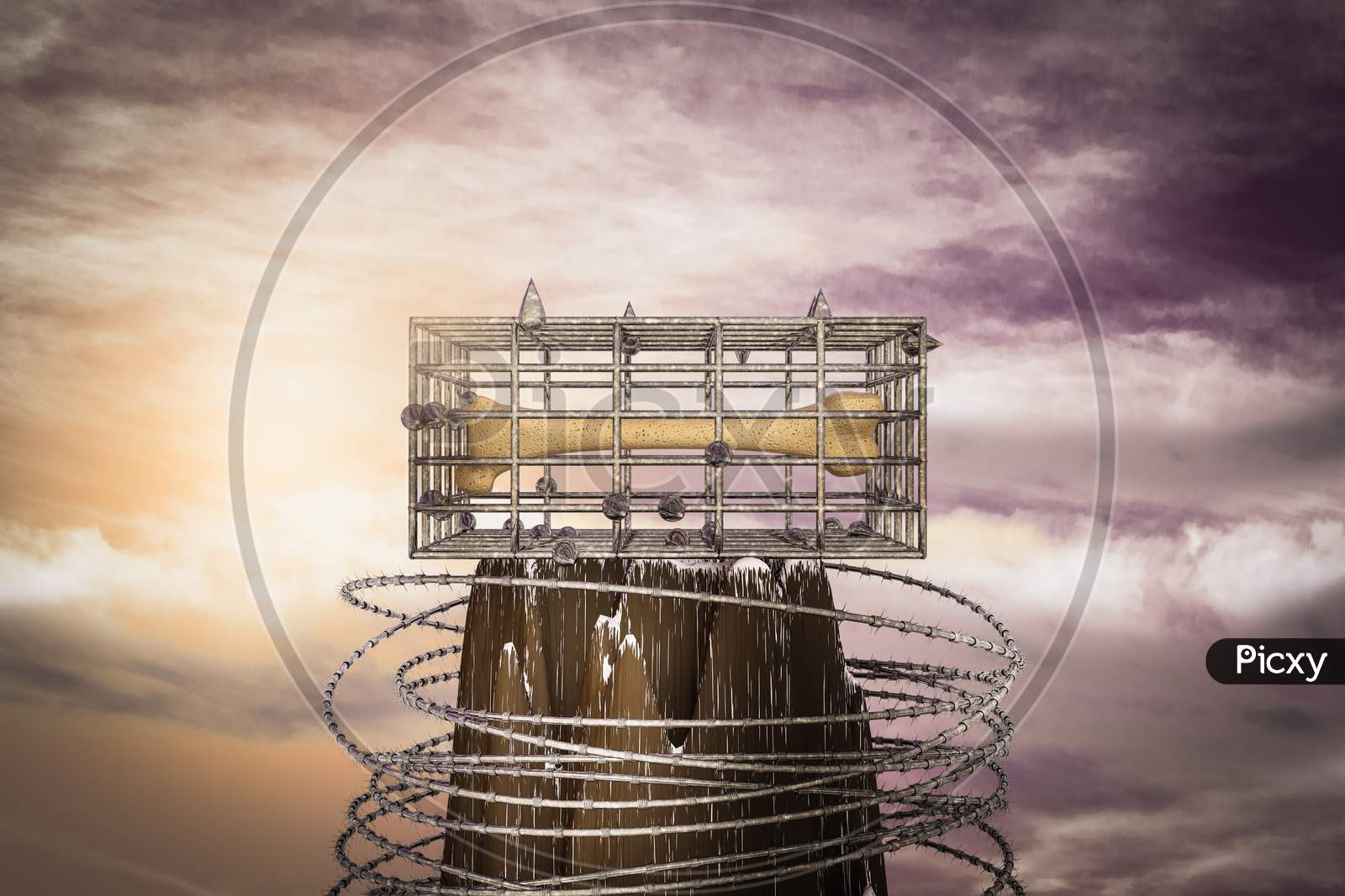 Human Thigh Bone In A Cage On The Top Of A Mountain At Sunset Magenta Day. Human Thigh Bone Is Prisoner In Metal Cage Or No Freedom For Bones Concept. 3D Illustration