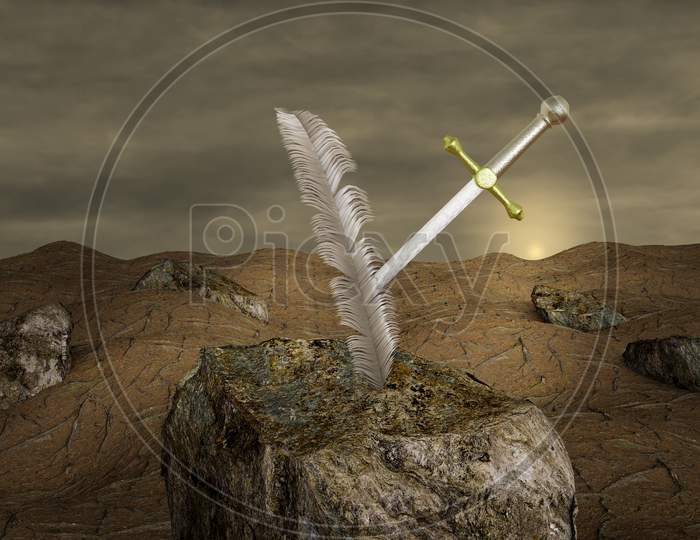 Excalibur In A Feather On Stone At Sunset Day. I Can Do It Or It Always Seems Impossible Until It'S Done Or It Is Possible Or Find The Solution Concept. 3D Illustration