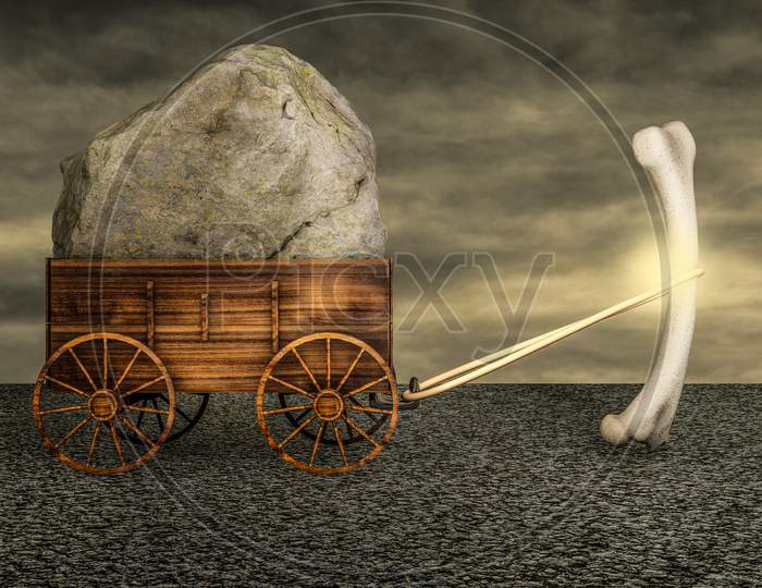 Human Thigh Bone Dragging A Farm Cart Of Big Heavy Stone On Asphalt In A Sunset Day. Strong Bones And Healthy Human Bone Or Osteoporosis World Day Or Retirement Age And Health. 3D Illustration