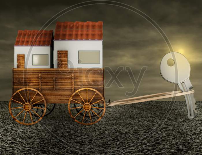 Key Dragging A Farm Cart Of Two Houses On Asphalt In A Sunset Day. Real Estate Agent Or Independent Contractor Or Develop A Business Plan Or Business Expenses Concept. 3D Illustration