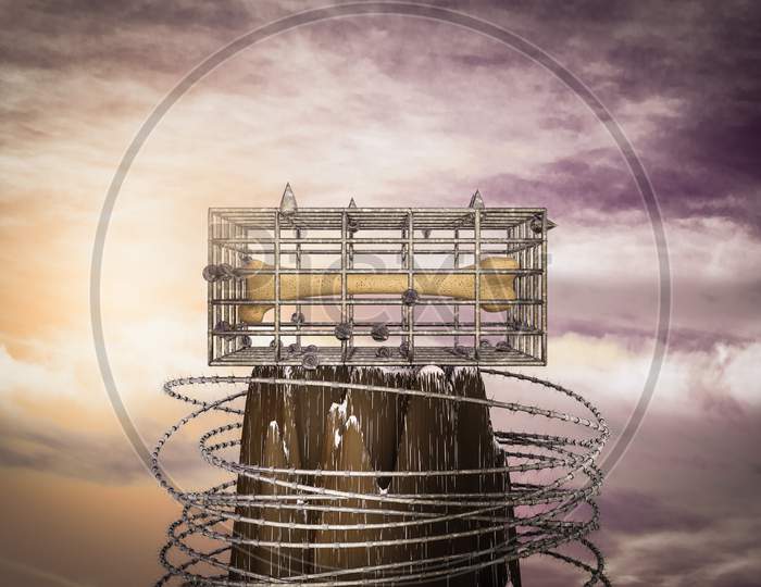Human Thigh Bone In A Cage On The Top Of A Mountain At Sunset Magenta Day. Human Thigh Bone Is Prisoner In Metal Cage Or No Freedom For Bones Concept. 3D Illustration