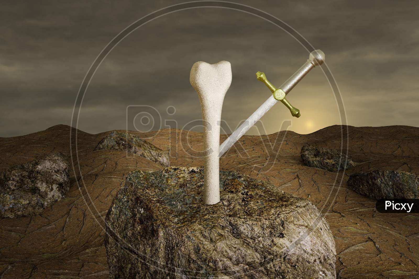 Excalibur In A Human Thigh Bone On Stone At Sunset Day. Strong Bones And Healthy Human Bone Or Osteoporosis World Day Or Retirement Age And Health Or The Stages Of Osteoporosis Concept. 3D Render