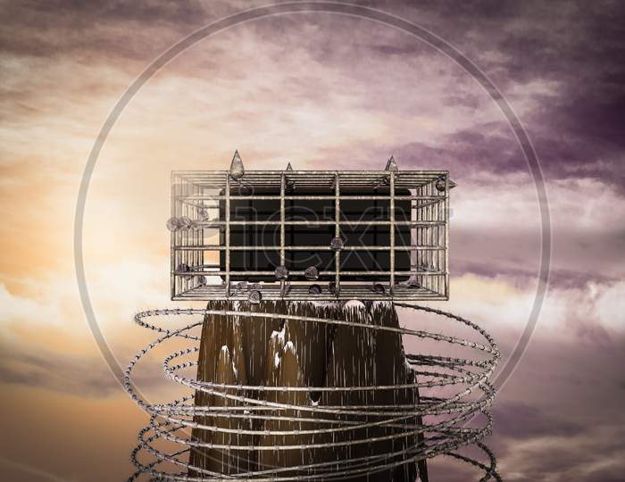 Phone In A Cage On The Top Of A Mountain At Sunset Magenta Day. Phone Is Prisoner In Metal Cage Or No Freedom For Technology Concept. 3D Illustration