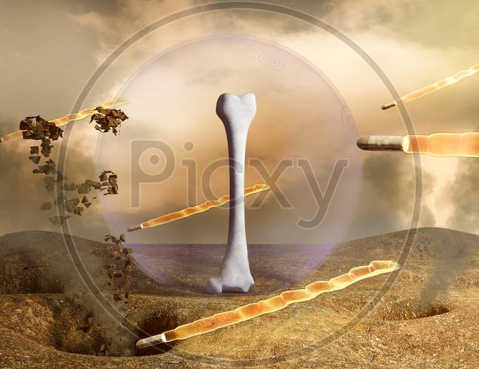 Human Thigh Bone In A Transparent Shield Protecting From The Bullets On Desert With Smoke. Osteoporosis World Day Or Strong Bones Or Symbol Of Success And Self-Confidence Concept. 3D Illustration