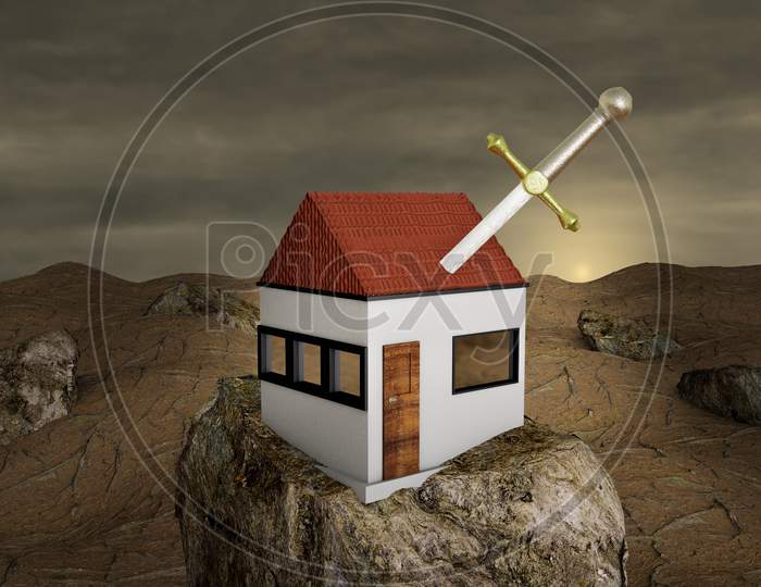 Excalibur In House On Stone At Sunset Day. Real Estate Agent Or Independent Contractor Or Develop A Business Plan Or Business Expenses Concept. 3D Illustration