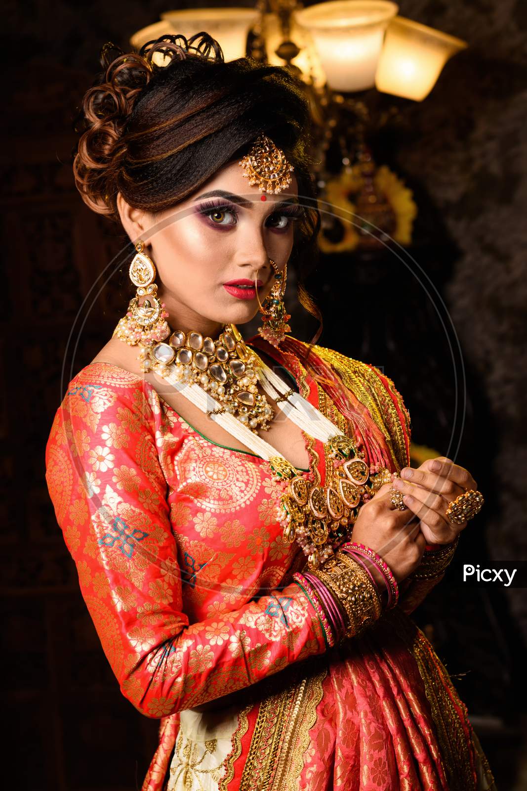 Image of Portrait Of Very Beautiful Young Indian Bride In Luxurious Bridal  Costume With Makeup And Heavy Jewellery In Studio Lighting Indoor. Wedding  Fashion.-VG515512-Picxy