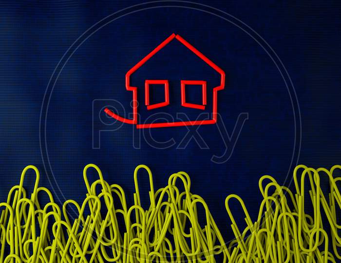 Red House Paperclip On Blue Fabric Next To Random Paperclips. Business Concept Or Standing Out From The Crowd Or Go Your Own Way Or Being Different Or Real Estate Concept. 3D Render