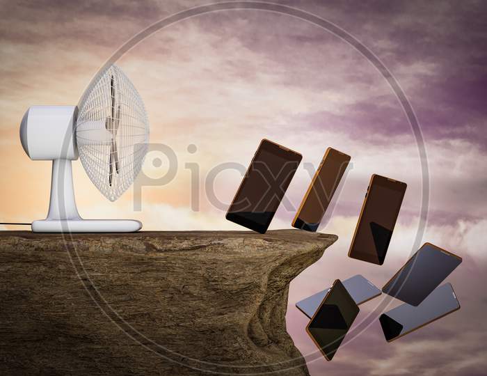 A Fan Blows Phones On Cliff At Sunset Magenta Day. Phone Is Falling Concept. 3D Illustration